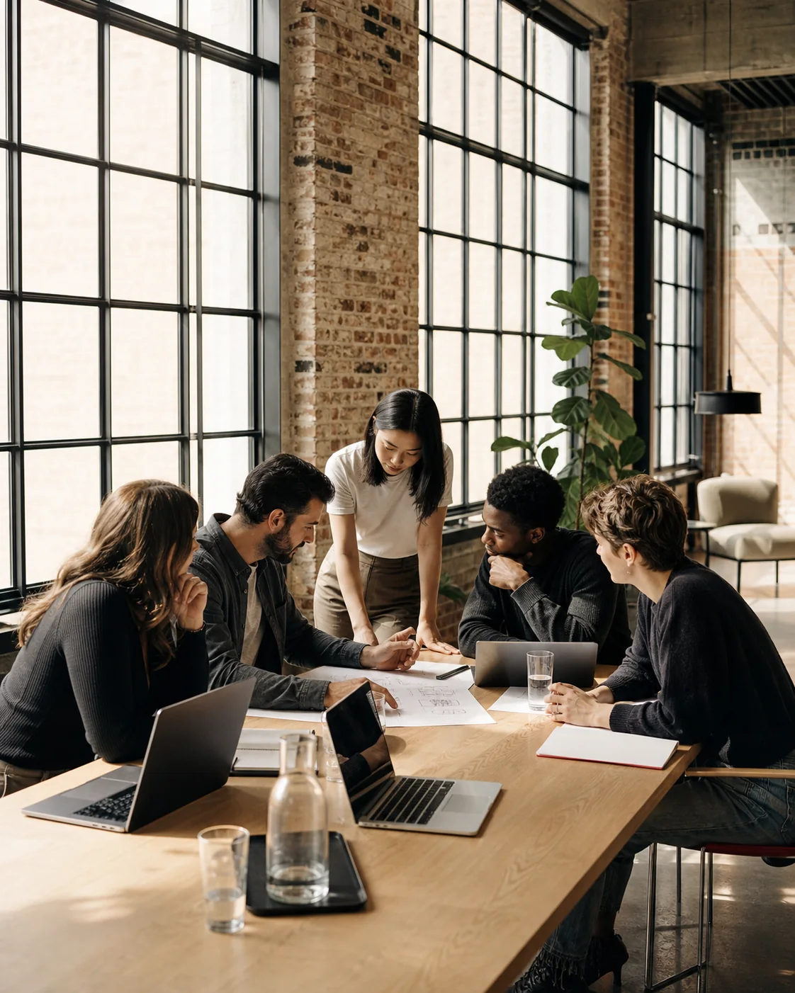 A product team collaborating in a bright industrial office